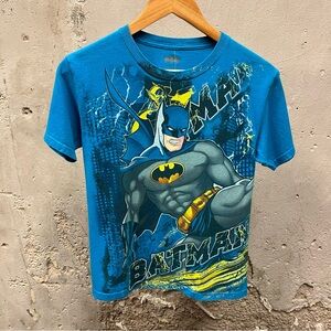 Y2K Batman AOP Wraparound DC Comics Bright Blue Tee Youth Small YS Retro